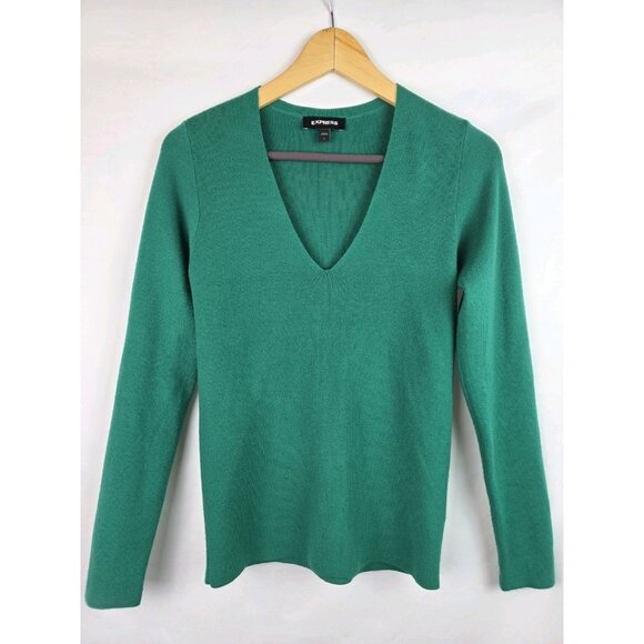 Express Womens Sweater Size Large Emerald Green V-Neck Soft Knit Long Sleeve Top - Picture 10 of 10